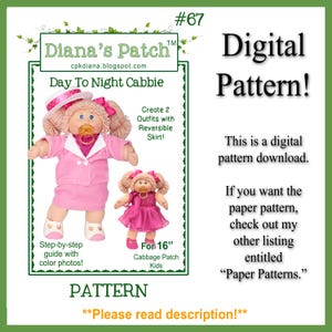 Puede incluir: Un patrón de costura digital para un atuendo de muñeca Cabbage Patch Kids. El patrón se llama "Day To Night Cabbie" e incluye dos atuendos con una falda reversible. El patrón es para muñecas Cabbage Patch Kids de 40,6 cm.
