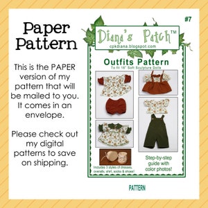 Pode incluir: Um padrão de papel para roupas de bonecas, incluindo vestidos, macacões, camisas, meias e sapatos. O padrão serve para bonecas de 40,6 cm e inclui instruções passo a passo com fotos coloridas. O texto diz "Diana's Patch" e "Outfits Pattern".