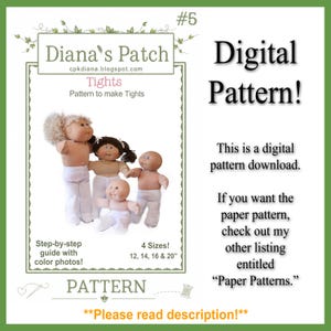 Puede incluir: Un patrón digital para mallas de muñeca de Diana's Patch, con cuatro muñecas de diferentes tamaños vistiendo mallas blancas. El texto incluye 'Digital Pattern!', 'Tights', 'Pattern to make Tights', '4 Sizes! 12, 14, 16 & 20"'.