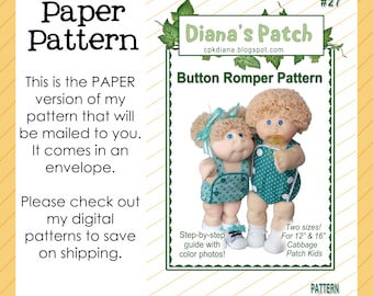 27. Button Romper PAPER PATTERN - 2 sizes! 16" & 12-14” preemie/lullaby Cabbage Patch Kids Dolls - replica