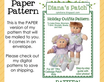 48. Holiday Outfits PAPER PATTERN for 20" TRU Cabbage Patch Dolls or similar Dress, Bloomers, T-Shirt, Bowtie, Vest, Shortalls, Boy Girl
