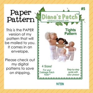 Puede incluir: Un patrón de papel para medias de Cabbage Patch Kids. La imagen incluye el texto "Paper Pattern" y "Tights Pattern". El patrón viene en un sobre e incluye una guía paso a paso con fotos en color. El patrón está disponible en 4 tallas.