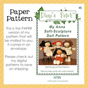 Puede incluir: Un patrón de papel para una muñeca de escultura blanda, con el texto "My Anna Soft-Sculpture Doll Pattern". La imagen muestra cuatro muñecas con diferentes colores de pelo y atuendos. El patrón incluye una guía paso a paso con fotos a color.