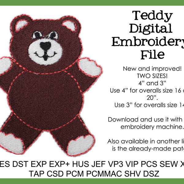 NEW Teddy Bear Applique Digitized EMBROIDERY DESIGN ~ Perfect for making replica overalls for Cabbage Patch Kids dolls! 2 sizes! 4" & 3"