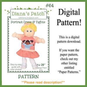 May include: A digital pattern for a Cabbage Patch Kids doll dress and tights. The pattern includes a step-by-step guide with color photos. The doll is wearing a pink and white striped dress with a pink skirt and a white t-shirt with a graphic of a girl wearing a dress. The doll is also wearing white tights and white sneakers. The pattern is for a 20-inch doll.