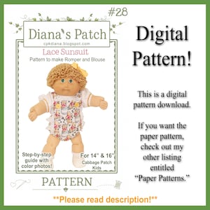 28. Lace Sunsuit Romper DIGITAL PDF PATTERN - 2 sizes! 16" & 12"-14” preemie/lullaby Cabbage Patch Kids Dolls - Download, Print, Sew Updated