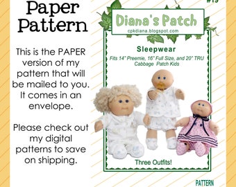 19. Sleepwear Nightgown PJs PAPER PATTERN For Cabbage Patch Kids Dolls - 3 Outfits, 3 Sizes - 14" preemie 16" full size 20" tru