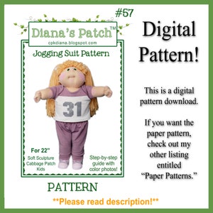 Op de afbeelding: Digitaal patroon voor een joggingpak voor 56 cm Soft Sculpture Cabbage Patch Kids. De afbeelding toont een pop met een paars en wit joggingpak met het nummer 31. Het patroon bevat stapsgewijze instructies met kleurenfoto's.