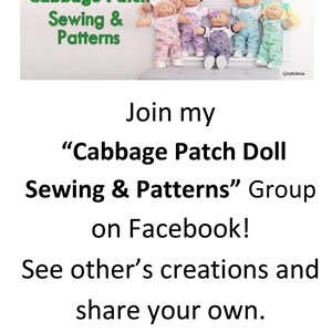 Op de afbeelding: Afbeelding met zes Cabbage Patch-poppen in verschillende outfits. De tekst bovenaan luidt "Cabbage Patch Sewing & Patterns". De afbeelding promoot een Facebook-groep voor het naaien en patronen van Cabbage Patch-poppen.