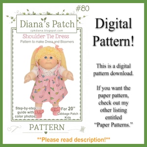 Patroon voor een jurk met strik op de schouders (80 cm) - digitaal te downloaden als PDF voor Cabbage Patch Kids poppen van 50 cm - jurk en bloomerbroekje