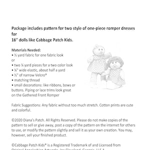 Pode incluir: Um pacote de padr&otilde;es para dois estilos de macac&otilde;es de uma pe&ccedil;a para bonecas de 40.6 cm, como Cabbage Patch Kids. A imagem inclui uma lista de materiais necess&aacute;rios, como tecido, el&aacute;stico e velcro. S&atilde;o mostradas duas bonecas com os macac&otilde;es.