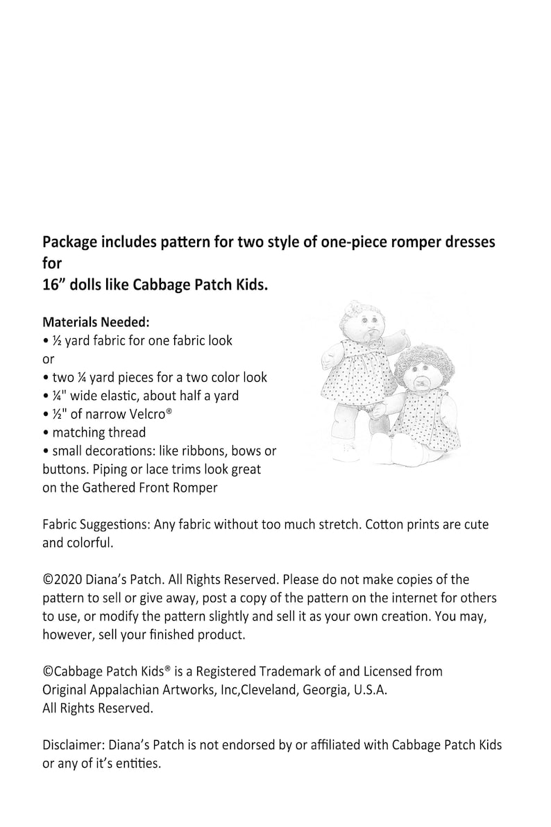 Pode incluir: Um pacote de padr&otilde;es para dois estilos de macac&otilde;es de uma pe&ccedil;a para bonecas de 40.6 cm, como Cabbage Patch Kids. A imagem inclui uma lista de materiais necess&aacute;rios, como tecido, el&aacute;stico e velcro. S&atilde;o mostradas duas bonecas com os macac&otilde;es.