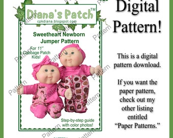 25. Macacãozinho Sweetheart para recém-nascido prematuro - Molde digital em PDF para bonecas Cabbage Patch Kids de 23 a 28 cm - Baixe, imprima e costure - Dois estilos - Faixas de cabelo