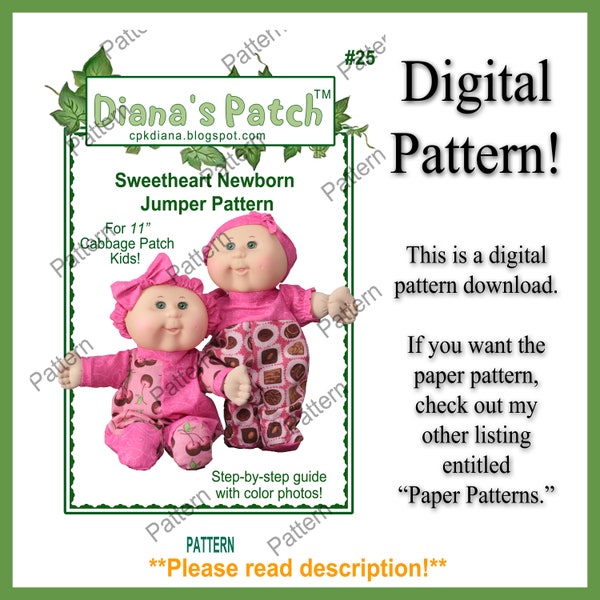 25. Sweetheart Newborn Preemie Jumper DIGITAL PDF PATTERN For 9-11" Cabbage Patch Kids Dolls - Download, Print, Sew - Two Styles - Headbands