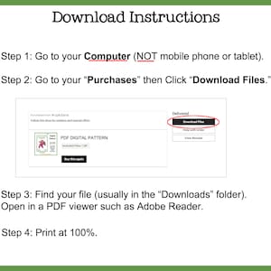 May include: Green background with white text providing download instructions. Steps include going to a computer, finding "Purchases" and clicking "Download Files." The image also shows a PDF digital pattern and a "Buy this again" button.