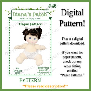 May include: Digital diaper pattern for dolls. The image features a doll with dark hair and blue eyes wearing a diaper. Text includes "Diana's Patch" and "Digital Pattern!" with instructions for a digital download.