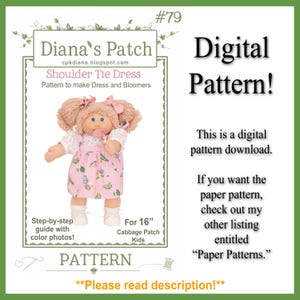 Patroon voor een jurk met strik op de schouders (79 inch) voor Cabbage Patch Kids poppen (digitale download, PDF) - Jurk en bloomerbroekje
