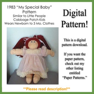 Puede incluir: Un patrón de costura digital para una muñeca Cabbage Patch Kids, similar a las muñecas Little People. El patrón es para una muñeca que lleva ropa para recién nacidos hasta los 3 meses. La imagen muestra una muñeca con un vestido rosa con ribete de encaje. El texto en la imagen dice "1983 "My Special Baby" Pattern Similar to Little People Cabbage Patch Kids Wears Newborn to 3 Mo. Clothes Digital Pattern! This is a digital pattern download. If you want the paper pattern, check out my other listing entitled "Paper Patterns."
