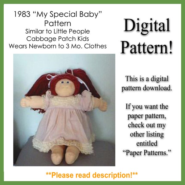 1983 Vintage Soft Sculpture Cloth Doll PDF DIGITAL PATTERN Like Cabbage Patch Little People *Newborn to 3-Month Size* "My Special Baby"