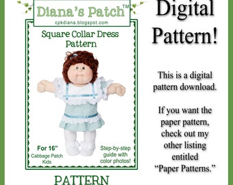 53. Square Collar Dress DIGITAL PDF PATTERN for 16" Cabbage Patch Dolls or similar