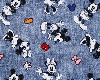 Disney Mickey Minnie Denim Look Character BadgeToss, 100% Cotton Fabric, Quilting, Apparel, Home Decor, Crafts, Mickey Mouse, Minnie Mouse