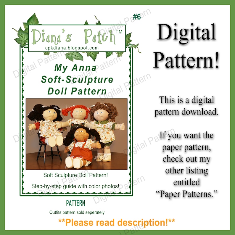 Op de afbeelding: Digitaal patroon voor een soft-sculpture pop, met een foto van vier poppen met verschillende kapsels en outfits. Het patroon heet "My Anna Soft-Sculpture Doll Pattern" en bevat een stapsgewijze handleiding met kleurenfoto's.
