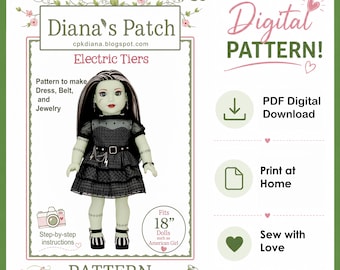 89 PATTERN - Electric Tiers - 3-Tier Dress -Sweetheart Neckline -Underlay, Belt, Earrings, Bracelet - Digital Download PDF for 18" dolls