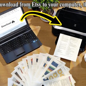 Może przedstawiać: Laptop wyświetlający stronę pobierania Etsy jest podłączony do drukarki. Obraz przedstawia proces pobierania pliku cyfrowego i jego drukowania. Widoczny jest r&oacute;wnież stos wydrukowanych stron i filiżanka kawy.
