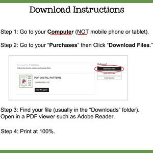 Op de afbeelding: Groene achtergrond met witte tekst met downloadinstructies. Stappen omvatten het gaan naar een computer, het vinden van "Aankopen" en het klikken op "Bestanden downloaden". De afbeelding toont ook een PDF digitaal patroon en een knop "Bestanden downloaden".