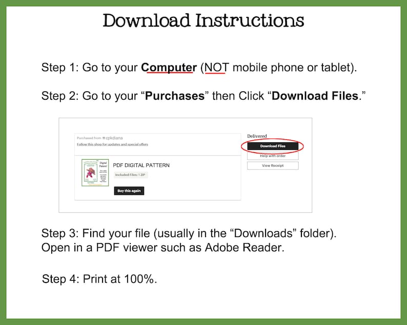 Op de afbeelding: Groene achtergrond met witte tekst met downloadinstructies. Stappen omvatten het gaan naar een computer, het vinden van "Aankopen" en het klikken op "Bestanden downloaden". De afbeelding toont ook een PDF digitaal patroon en een knop "Bestanden downloaden".