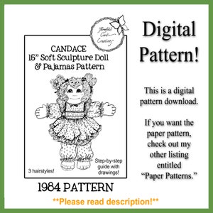 Pode incluir: Padrão digital em preto e branco para uma boneca de escultura macia de 38 cm e pijama. O padrão inclui um desenho da boneca com três penteados e o texto "1984 PATTERN". A imagem também diz "Digital Pattern!"
