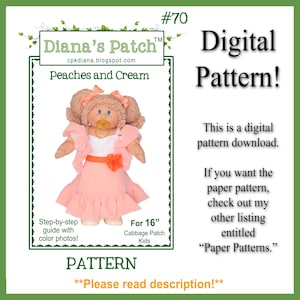 Op de afbeelding: Digitaal patroon voor een 16-inch Cabbage Patch Kids pop, getiteld "Peaches and Cream". De afbeelding toont een pop in een perzikkleurige jurk. Het patroon bevat stapsgewijze instructies met kleurenfoto's.