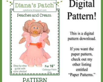70 Peaches and Cream Cabbie Pattern Digital Download PDF for 16" Cabbage Patch Kids Dolls - Sweetheart Bodice Ruffled Dress, Boa, Belt