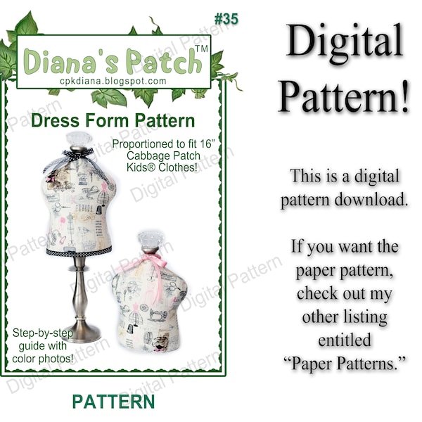 35. Dress Form Digital PDF PATTERN For 16" Cabbage Patch Kids Doll Clothes - Download, Print, Sew - Mannequin