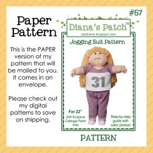 May include: A paper pattern for a jogging suit, designed for 22-inch Soft Sculpture Cabbage Patch Kids dolls. The pattern includes step-by-step instructions with color photos. The doll is wearing a purple and white outfit with the number 31.