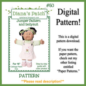 Peut inclure: Un patron numérique pour un pull et un body pour poupée Cabbage Patch Kids de 40,6 cm. Le patron comprend des instructions étape par étape avec des photos en couleur. Le patron est disponible en téléchargement numérique.  "Diana's Patch" et "Paper Patterns" sont également inclus dans l'image.