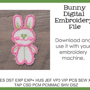 May include: Pink and green embroidered bunny design for a digital embroidery file. The file is compatible with PES, DST, EXP, EXP+, HUS, JEF, VP3, VIP, PCS, SEW, XXX, TAP, CSD, PCM, PCMMAC, SHV, and DSZ embroidery machines.