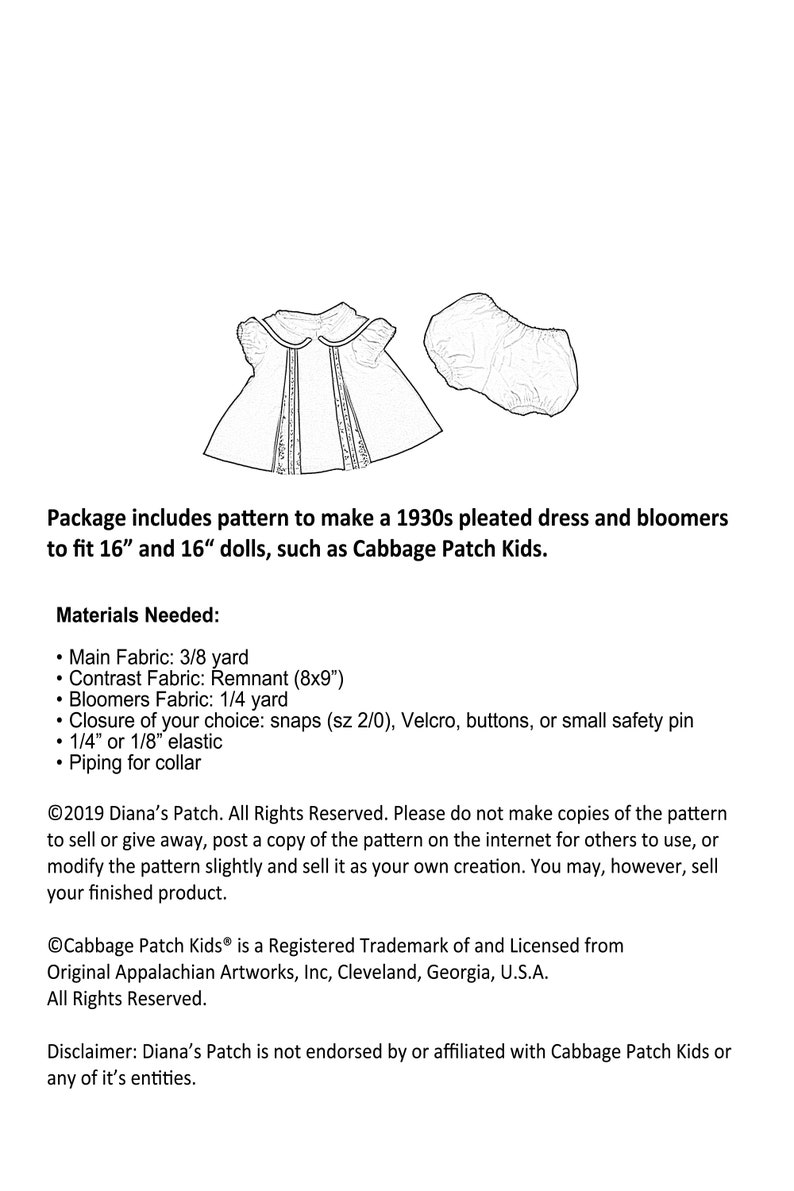 18. PDF 1930s Pleated Dress Digital PATTERN (modern or vintage) For 16" Cabbage Patch Kids Dolls or similar- Download, Print, Sew image 8