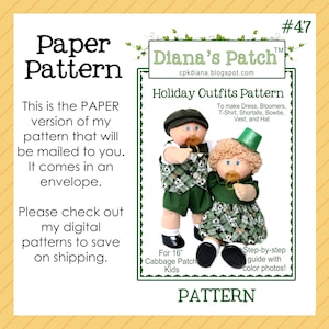 Può includere: Un modello cartaceo per abiti da vacanza per bambole Cabbage Patch Kids da 40,6 cm. Il modello include istruzioni per un vestito, bloomers, maglietta, salopette, papillon, gilet e cappello. Il modello viene fornito in una busta.