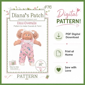 76 Dino Overall-mönster, digital nedladdning i PDF-format för 16" Cabbage Patch-barndockor - Mönster för t-shirt och haklappsoveraller med spännen