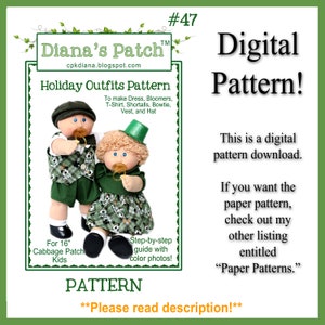 Pode incluir: Padrão digital para fazer roupas de festa para Cabbage Patch Kids de 40 cm. O padrão inclui instruções para fazer um vestido, bloomers, camiseta, shortalls, gravata borboleta, colete e chapéu. O padrão é ilustrado com fotos coloridas.