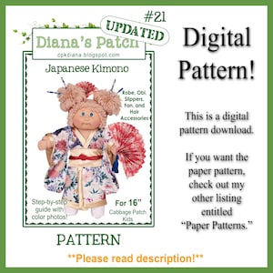 21. Japanese Kimono Dress, Obi, and Slippers PDF DIGITAL PATTERN ~ To fit 16&quot; cabbage patch kids dolls - {Download, Print, Sew}