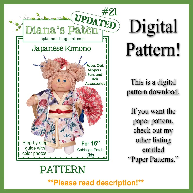Op de afbeelding: Digitaal patroon voor een Japanse kimono, robe, obi, slippers, waaier en haaraccessoires voor 40 cm Cabbage Patch Kids. De afbeelding toont een pop die de kimono met een waaier draagt. Het patroon bevat een stapsgewijze handleiding met kleurenfoto's.