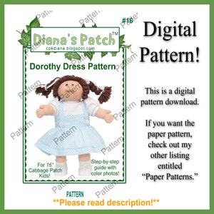 Puede incluir: Un patrón digital para un vestido Dorothy para una muñeca Cabbage Patch Kids de 40,6 cm. El patrón incluye instrucciones paso a paso con fotos en color. **¡Por favor, lea la descripción!**