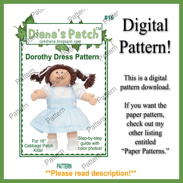 16. Dorothy Dress & Bloomers DIGITAL PATTERN For 16" Cabbage Patch Kids Dolls - Download, Print, Sew - Wizard of Oz Costume