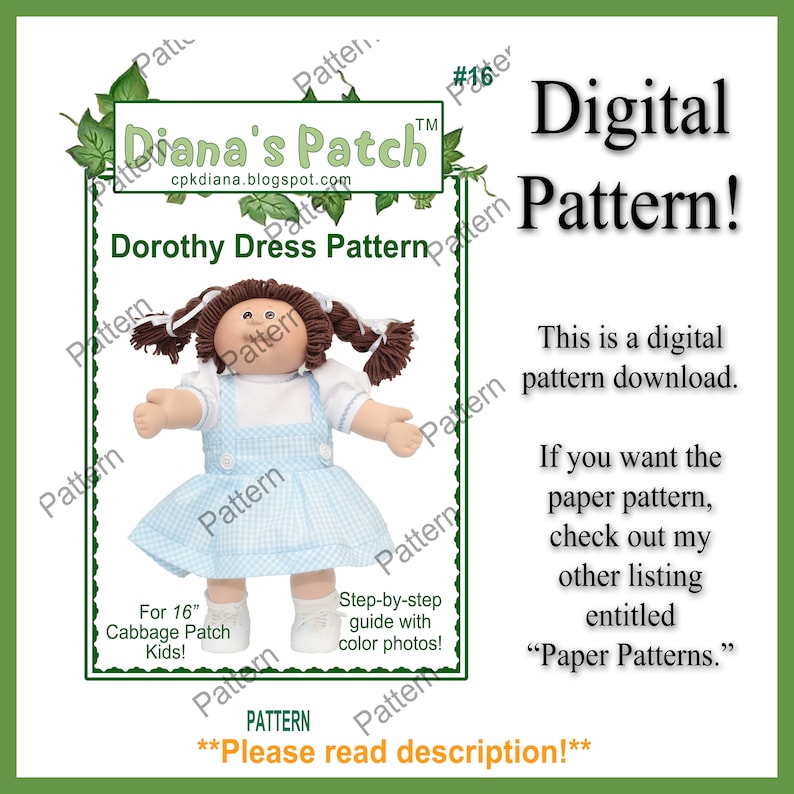 Może przedstawiać: Cyfrowy wz&oacute;r sukienki Dorothy, przeznaczony dla lalek Cabbage Patch Kids o wysokości 40,6 cm. Obraz przedstawia lalkę w niebiesko-białej sukience w kratkę z białą bluzką i białymi butami. Wz&oacute;r zawiera instrukcje krok po kroku ze zdjęciami w kolorze.