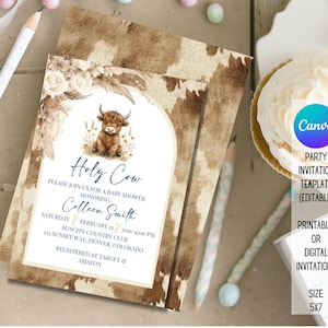 Invito digitale per baby shower di compleanno a tema mucca delle Highlands