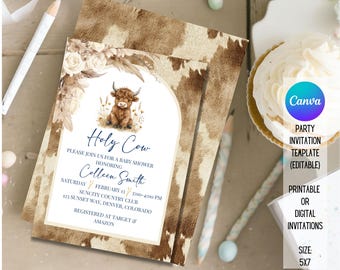 Highland Cow Birthday Baby Shower Invitation Digital
