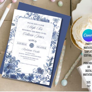 Blue floral Bridal Shower Baby Shower Tea Party Invitation