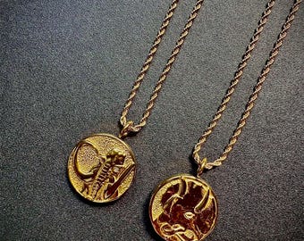 Gold Mastodon & Triceratops Power Coin Necklace - Double-Sided